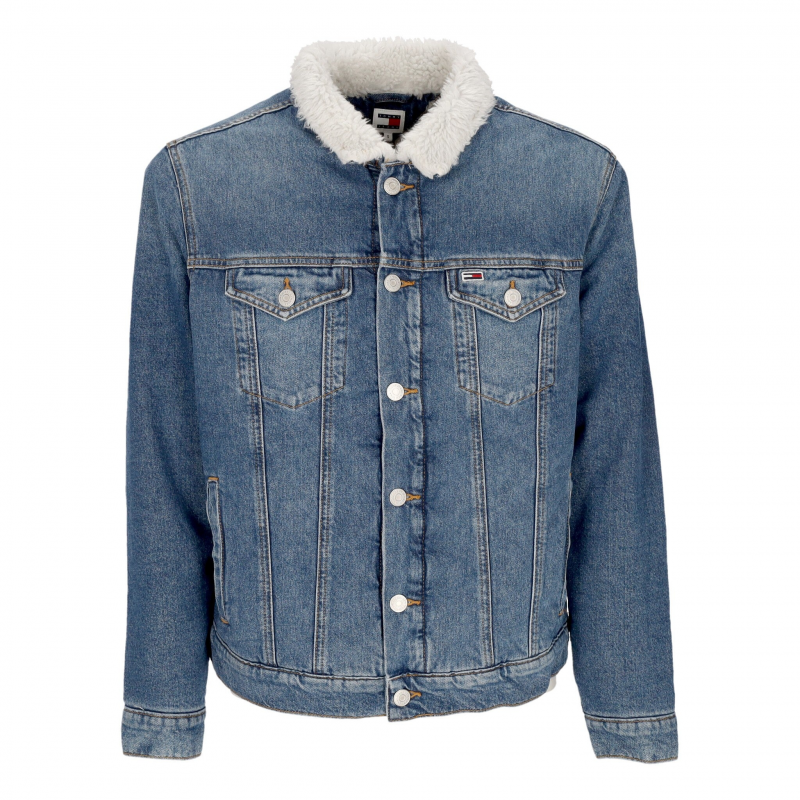 Herren Jeansjacke Regular Sherpa Flag Trucker Jacke Denim Medium