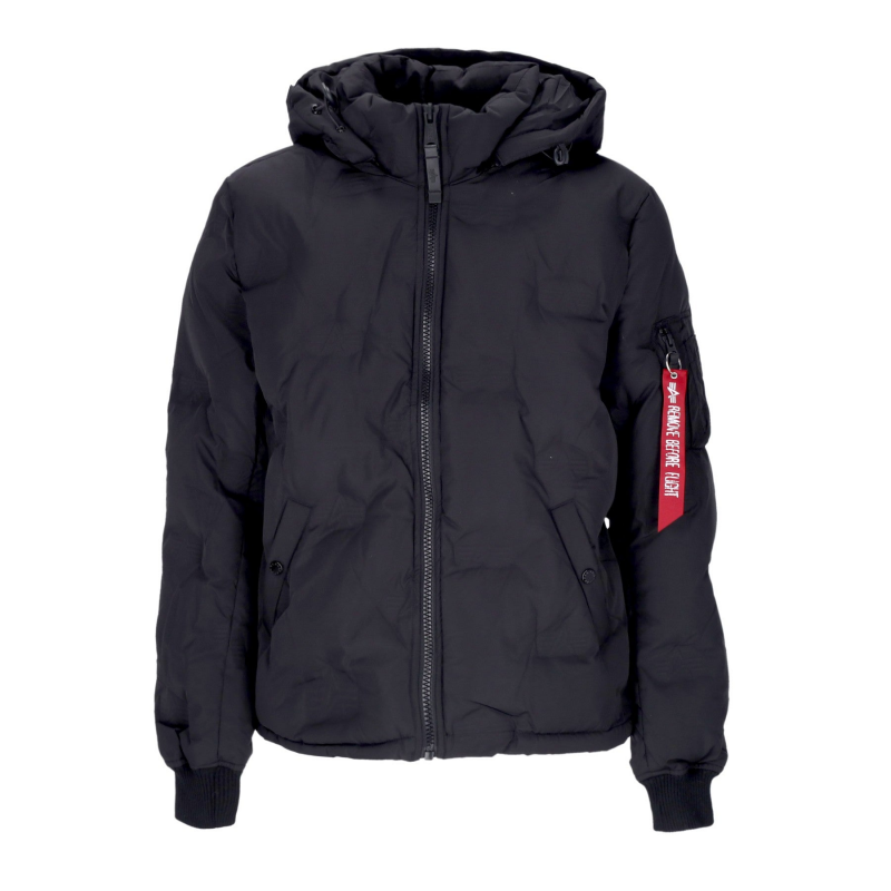 Schwarze Daunenjacke mit Kapuze und Logo fur Herren