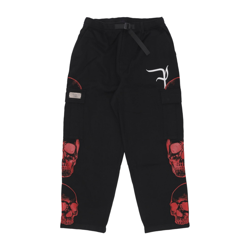 Lange Herren-Cargohose mit dreifachem Totenkopf-Print, Schwarz/Rot