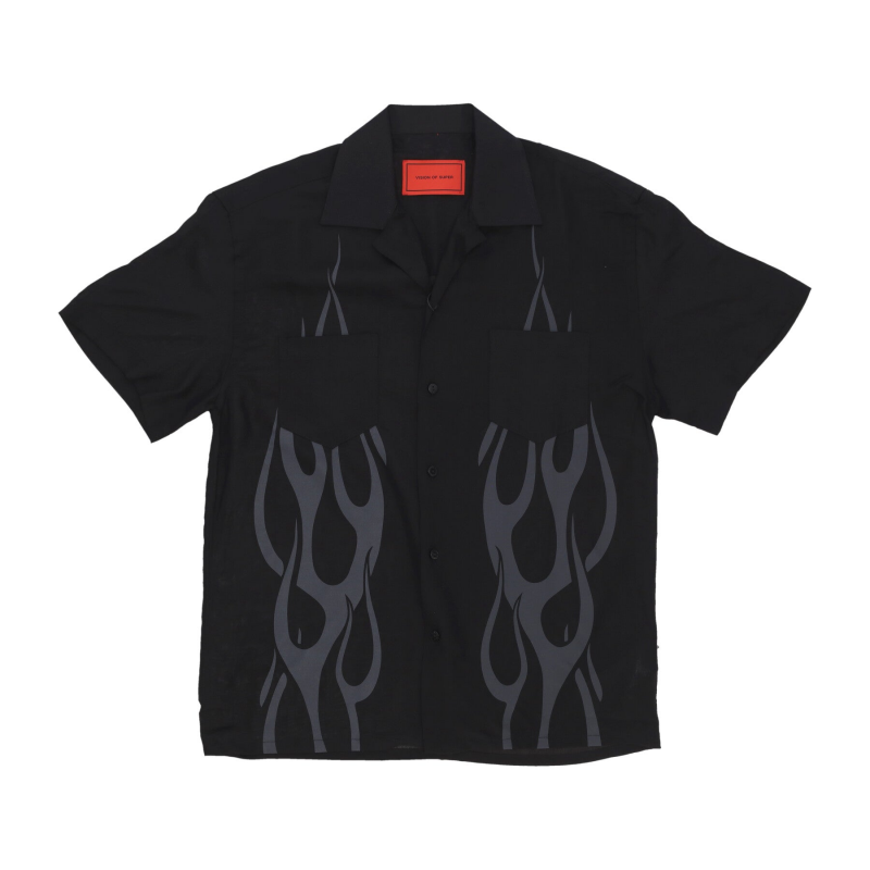 Herren Kurzarmhemd Tribal Flames Print Hemd Schwarz