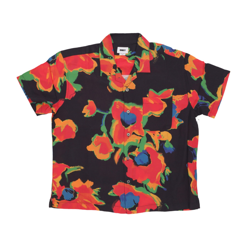 Kurzarmhemd fur Herren, Acryl, Blumenmuster, Schwarz, Mehrfarbig