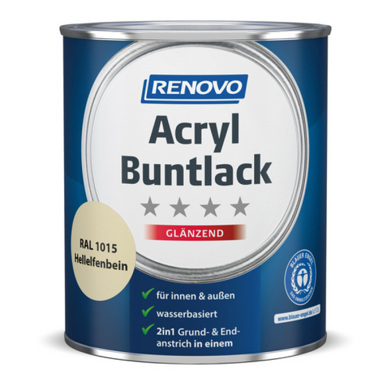 RENOVO Acryl-Buntlack, glänzend, hellelfenbein RAL 1015, 0,75l - weiss