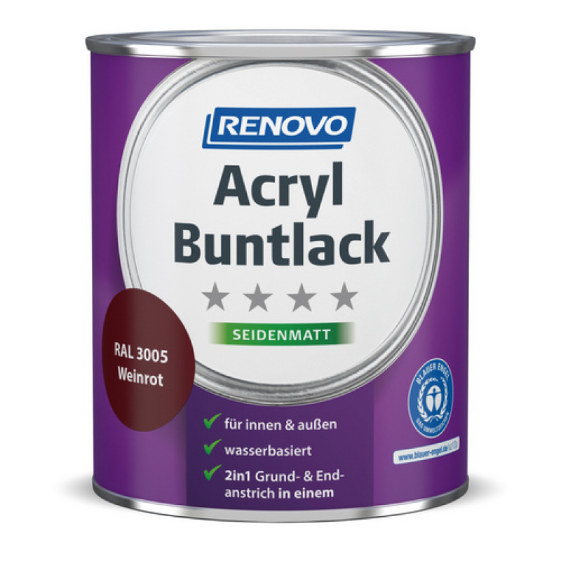 RENOVO Acryl-Buntlack, weinrot RAL 3005, seidenmatt, 0,75l
