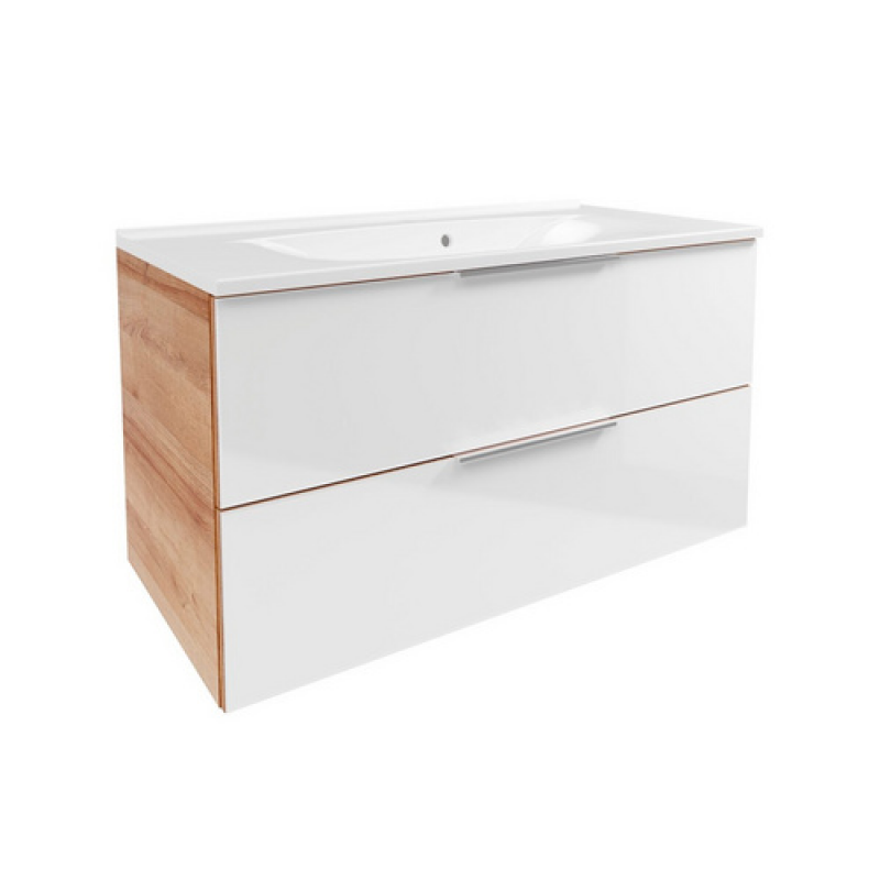 FACKELMANN Badmöbel-Set »B.Brillant«, Waschplatz 100 cm, Gussbecken, Asteiche-Glas, weiss, 1000 x 542 x 489 mm – Bild 1 von 5