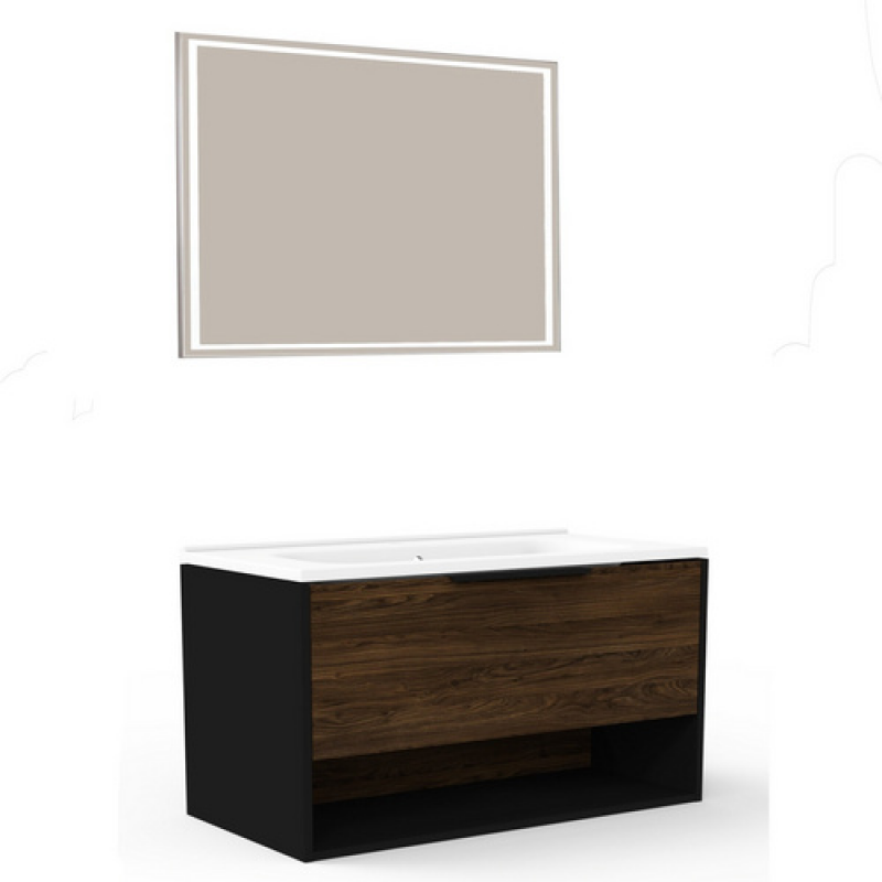 FACKELMANN Badmöbel-Set »B.Paris«, 905 mm, mit Spiegelelement, Schwarz/Rigoletto, mit Guss-Waschbecken - braun – Bild 1 von 5