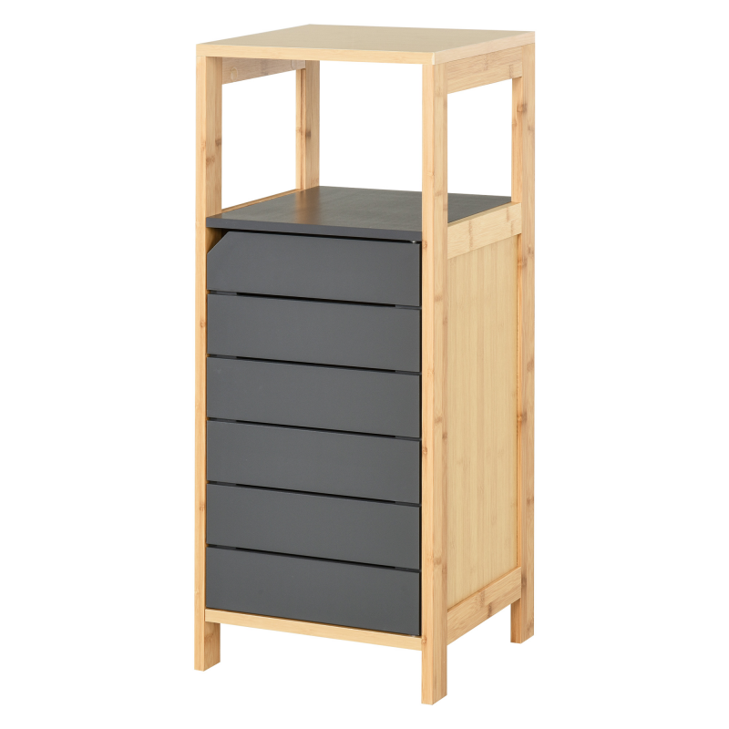 HOMCOM Badzimmerschrank Badeschrank Multifunktionsschrank 3-Stöckig Einstellbar MDF+Bambus Grau 32x30x80 cm Aosom – Bild 1 von 2