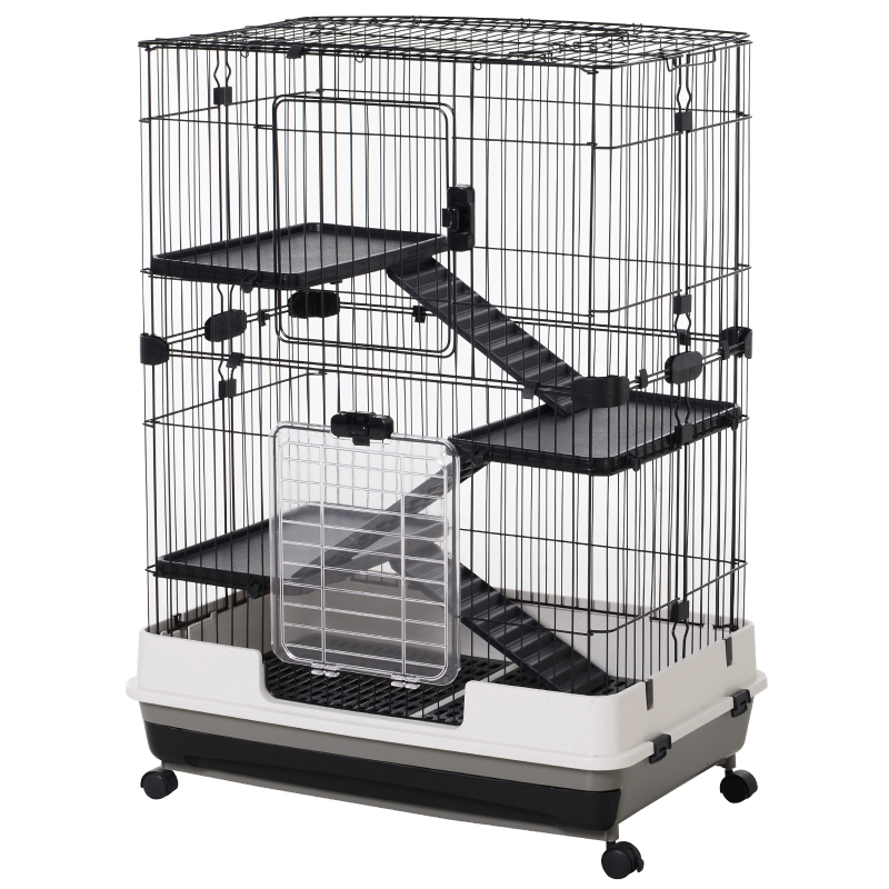 PawHut Kleintierkäfig mit 4 Räder, Käfig, 3 Öffnungen, 2 Plattformen, Metall Schwarz 81,2 x 52,7 x 110 cm Aosom – Bild 1 von 2