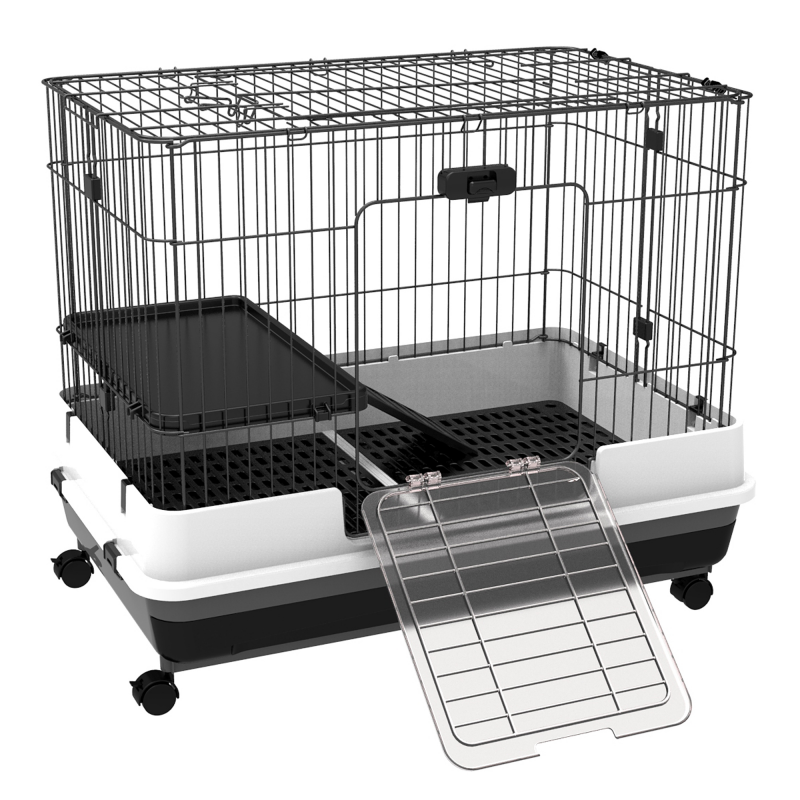 PawHut Kleintierkäfig mit Räder, 2 Türen, Plattform, Bodenfach, Metall, Schwarz, 81,2 x 52,7 x 66 cm Aosom – Bild 1 von 2