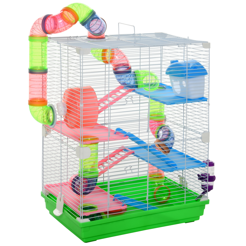 PawHut Kleintierkäfig mit Zubehör Nagerkäfig Mäusekäfig Hamster Rohrsystem, Metall, Grün+ Weiß, 46 x 30 x 58 cm Aosom – Bild 1 von 2
