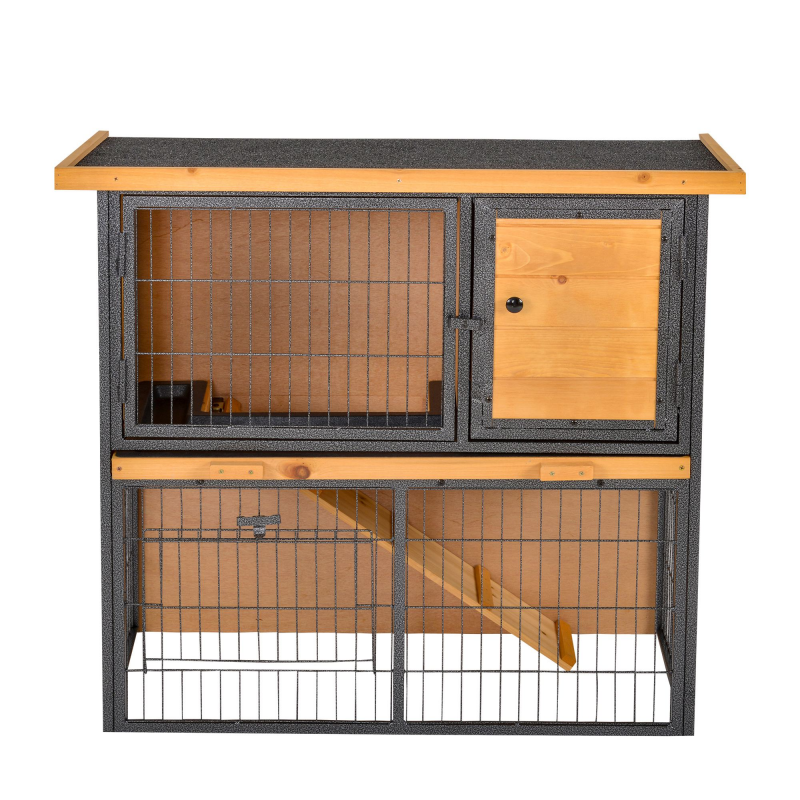 PawHut Kleintierstall erhöhtes Haustier Haus Käfig mit verschließbarer Tür aus Holz-Metall in Hellgelb 89,5 x 45 x 81 cm für Kaninchen & Meerschweinchen Aosom.de – Bild 1 von 2