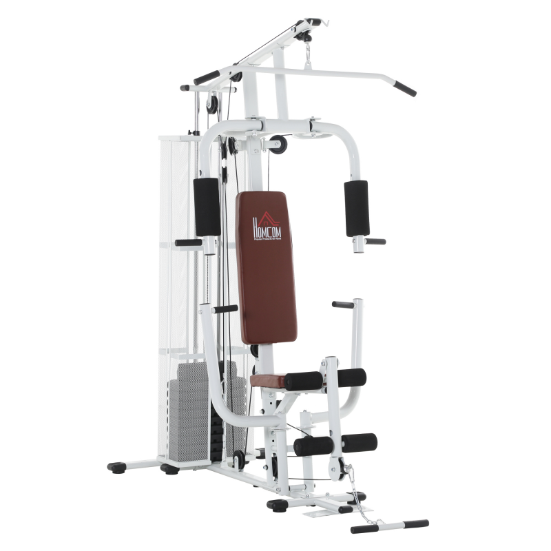 HOMCOM Fitnessstation für Zuhause, insgesamt 45kg, mit Pressarm, Beinentwickler, Rollenpolstern, PU-Kunstleder, 150 x 110 x 210 cm, Weiß Aosom – Bild 1 von 2