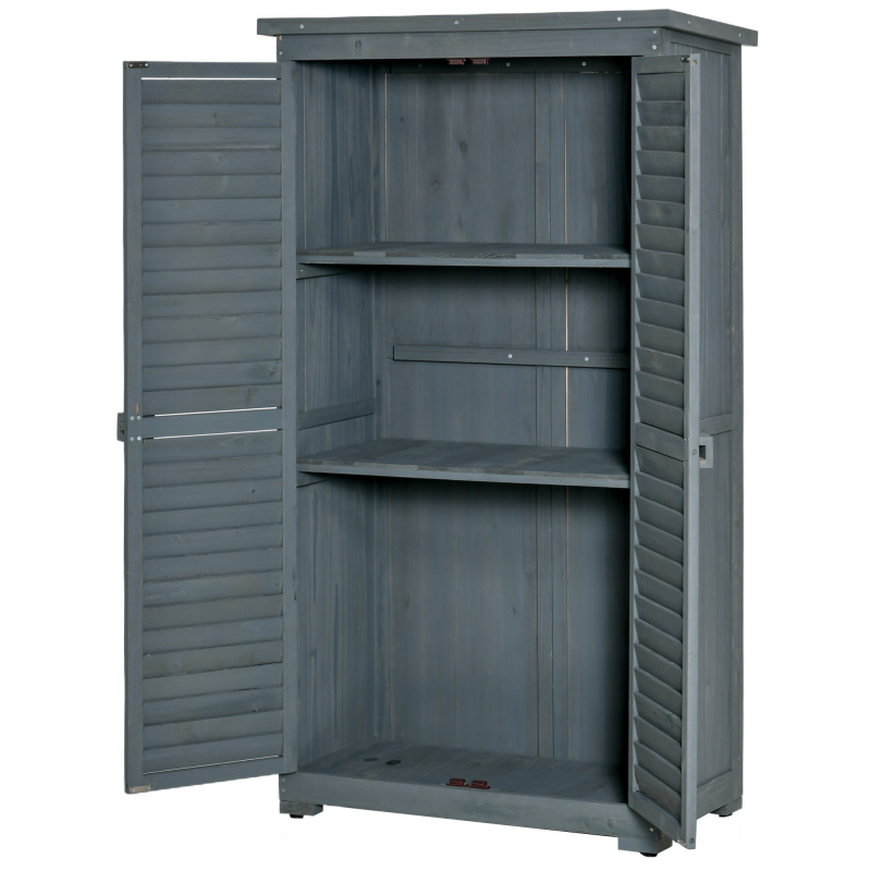Outsunny Gartenschrank Holz geräteschuppen mit Ziegel-Asphaltdach Abschließbare Tür erhöhte Konstruktion Lamellentüren 87x46,5x160cm Grau Aosom.de – Bild 1 von 2