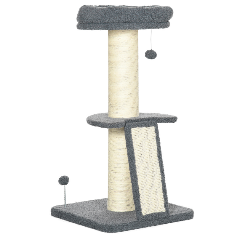 PawHut Kratzbaum groß 92H cm Katzenbaum mit Lammfell-Imitat, Kratzstamm, Plattform & Spielball, dunkelgrau-cremeweiß Aosom.de – Bild 1 von 2