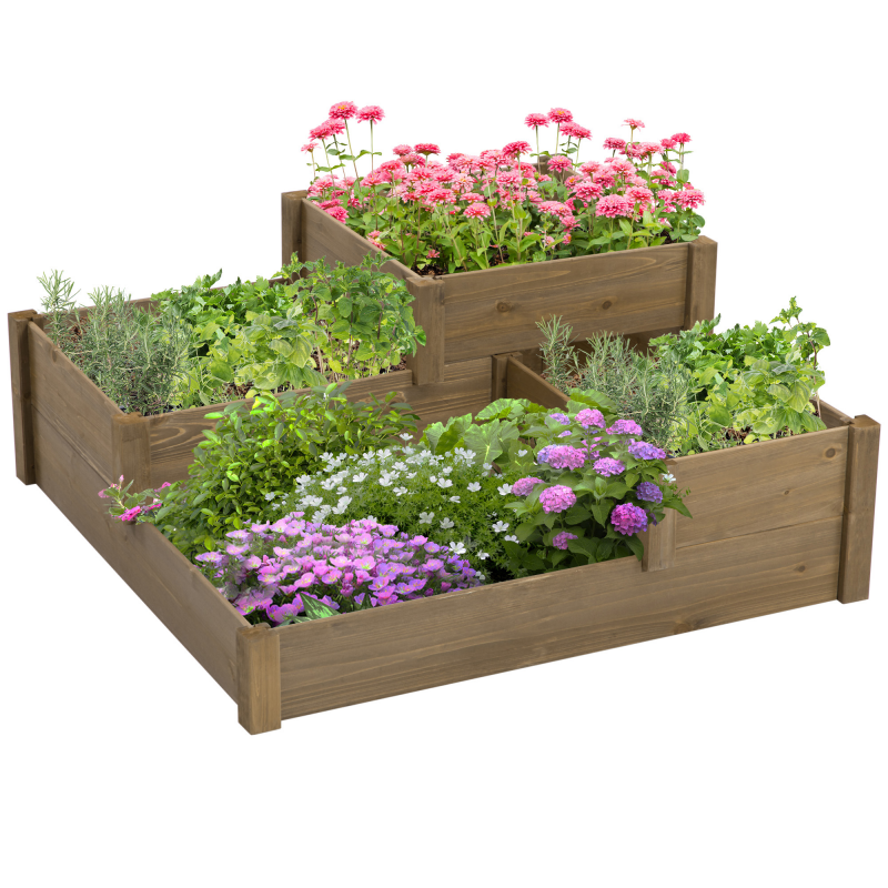 Outsunny Hochbeet Gemüsebeet mit 3 Stufen, Pflanzkasten für Kräuter, Tannenholz, Braun, 122x122x51 cm für Terrasse und Balkon Aosom.de – Bild 1 von 2