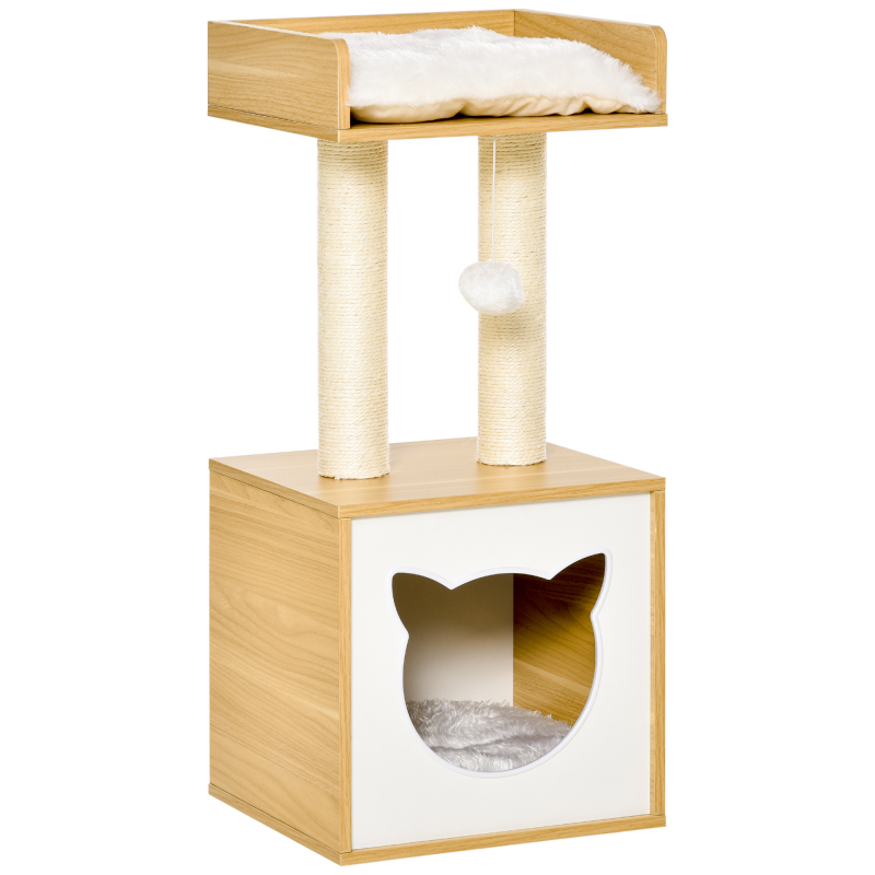 PawHut Katzenhohle Mit Katzenhöhle & 2 Kissen, 2 Ebenen inkl. Katzenhaus, Spielzeug mit Kugel, katzen wohnung, Sisal, Natur, 35 x 35 x 81 cm Aosom – Bild 1 von 2