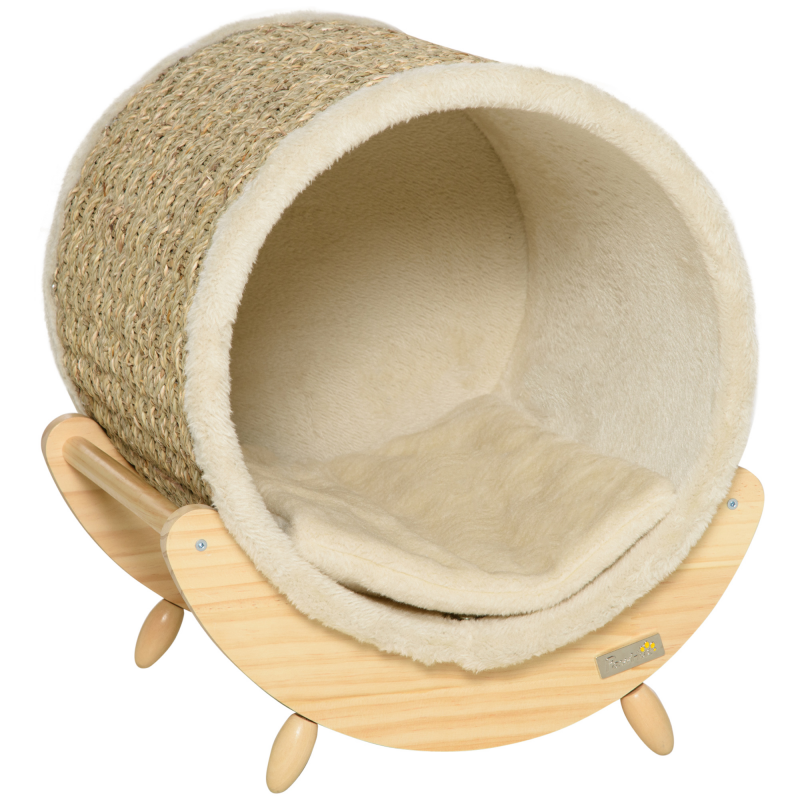 PawHut Katzenhöhle mit Regal Katzenbett, Kratzunterlage, Kiefernholz, Flanell, Khaki, Natur & Beige, 41x38x43cm Aosom – Bild 1 von 2