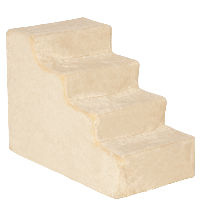 PawHut Haustiertreppe 4-stufige Hunderampe mit abnehmbarer Bezug Katzentreppe Hundetreppe Tiertreppe Spanplatte Plüsch Beige 60 x 35 x 44 cm Aosom – Bild 1 von 2