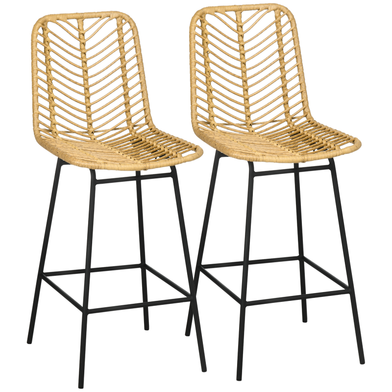 HOMCOM 2er Set Barhocker mit Lehne Barstühle im Boho-Design, PE-Rattan, inkl. Fußtstütze, 42,5 cm x 52 cm x 102 cm, Gelb + Schwarz Aosom.de – Bild 1 von 2