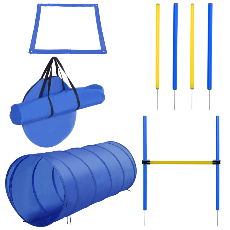 PawHut Hunde Agility Set Trainingsgeräte mit Tunnel Slalomstangen Hürdenstange und Startfeld für aktives Hundetraining Blau Aosom.de – Bild 1 von 2