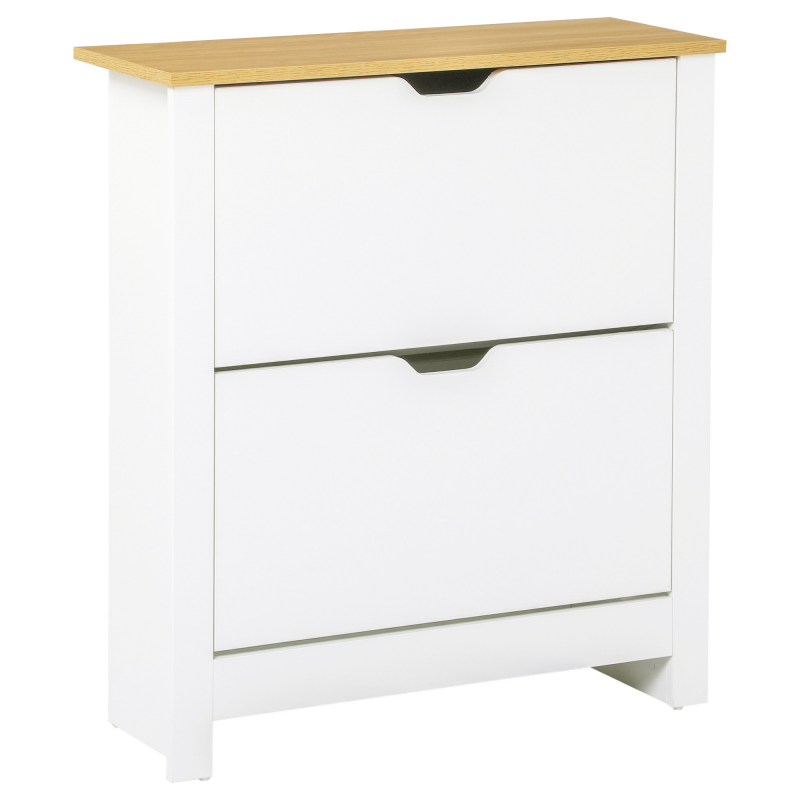 HOMCOM Schuhschrank Schuhkipper Schuhregal 2 Klappen für 12 Paar Schuhe platzsparend Schuhständer für Flur und Eingangsbereich Spanplatte Weiß+Natur 72 x 26 x 80 cm Aosom – Bild 1 von 2
