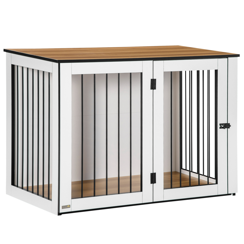 PawHut Hundebox für die Wohnung, für kleine/mittelgroße Hunde, mit verriegelbare Türen, Spanplatte, 106x60x76cm, Dunkelwalnuss+Weiß Aoso – Bild 1 von 2