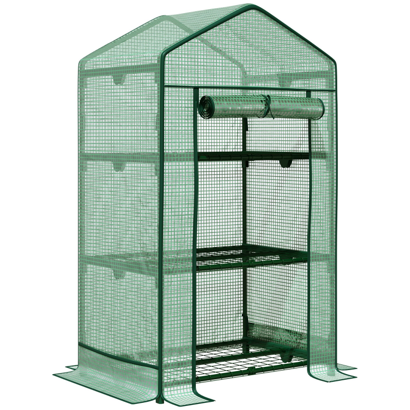 Outsunny Mini-Gewächshaus Anzuchtgewächshaus mit Folienabdeckung und 3 Regalböden, Rolltür, Gemüsebeet in Grün 69 x 49 x 125 cm für Gartenliebhaber Aosom.de – Bild 1 von 2