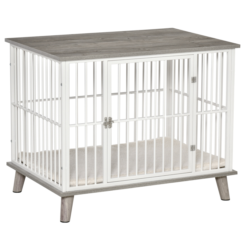 PawHut Hundebox Holzoptik mit Tischplatte und Kissen für mittelgroße Hunde 86x60x70cm in Weiß und Grau Aosom.de – Bild 1 von 2