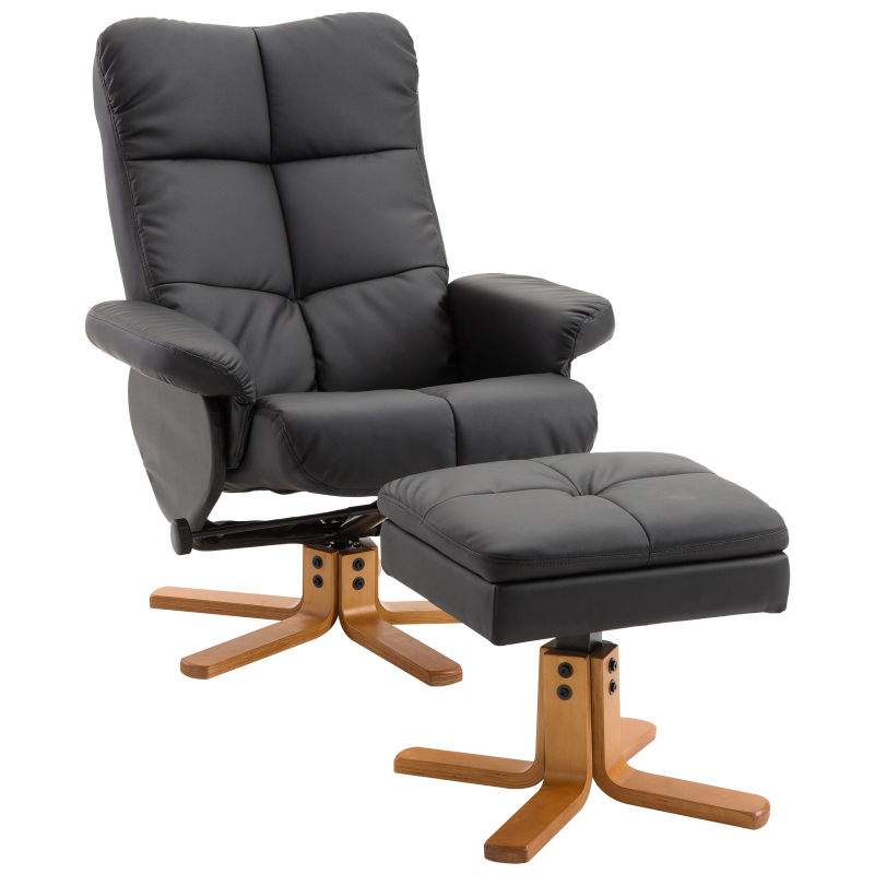 HOMCOM Relaxsessel mit Hocker Fernsehsessel mit Liegefunktion, 360° drehbar, PU, Holzgestell, Schwarz, 80x86x99cm Aosom – Bild 1 von 2