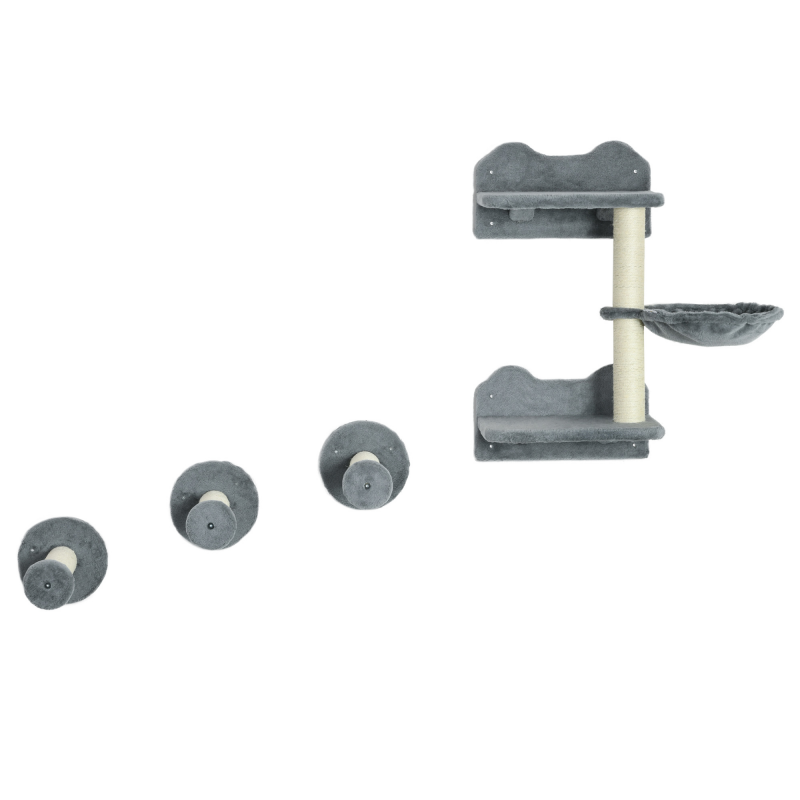 PawHut Katzen kletterwand set, Kletterwand, Katzentreppe, 4-tlg. Set, mit Kratzbaum, Hängematte, grau+cremeweiß, 40 x 28 x 73cm5 Aosom – Bild 1 von 2
