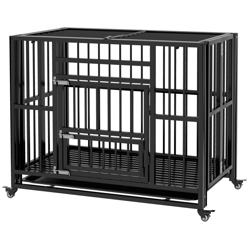 PawHut Hundekäfig für Zuhause, mit Rollen, 94 x 58 x 78 cm, Hundegitterbox, Transportkäfig mit 2 Türen, Stahl, Schwarz Aosom.de – Bild 1 von 2