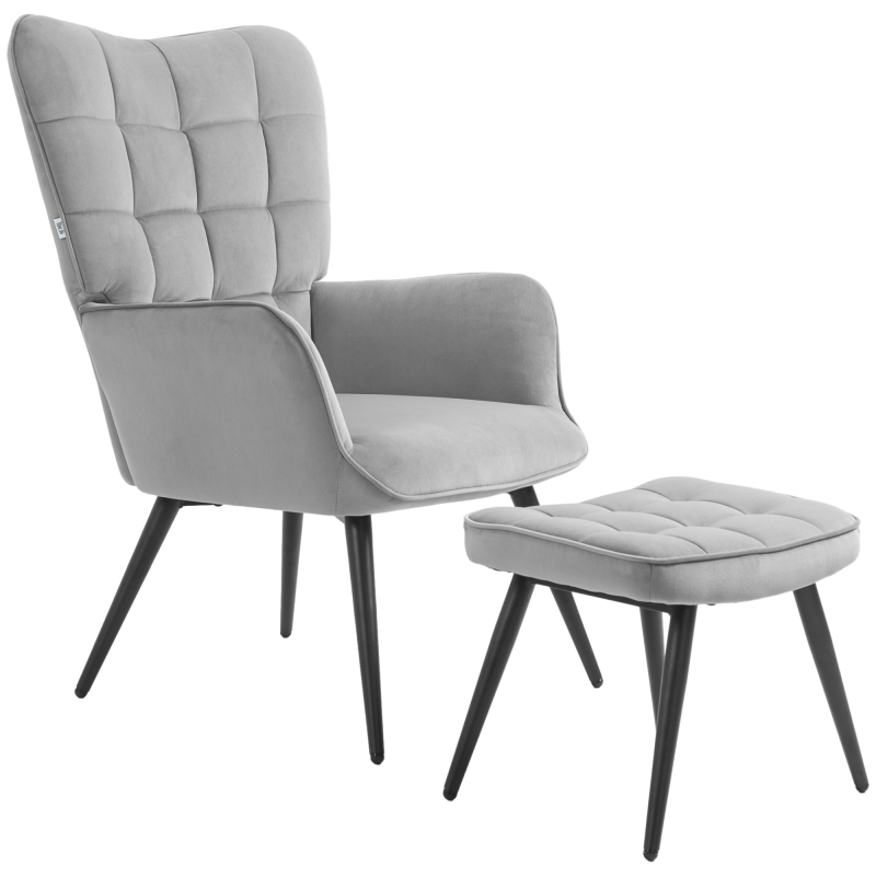 HOMCOM Ohrensessel mit Hocker, Loungesessel Relaxsessel Polstersessel Samtoptik Fernsehsessel Esszimmerstuhl bis 120 kg hellgrau Aosom.de – Bild 1 von 2