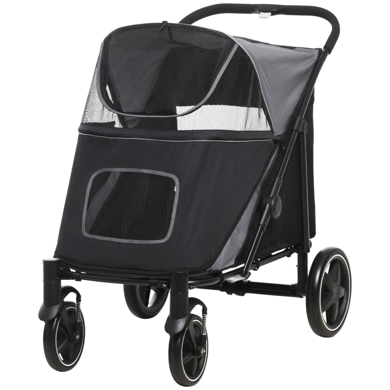 PawHut Hundebuggy Hundewagen Faltbarer bis 30 kg, mit Netzfenster, Sicherheitsleinen, Kissen, für große und mittelgroße Hunde, Oxford, Grau Aosom – Bild 1 von 2