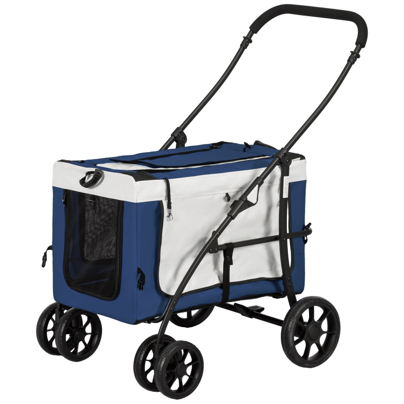 PawHut 2 in 1 Hundebuggy, Haustierwagen, Hundetrolley mit abnehmbarem Korb, 2 Sicherheitsleinen, klappbar, für kleine/Miniaturhunde, Blau Aosom – Bild 1 von 2