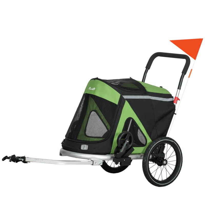 PawHut Hundeanhänger 2in1 Hundebuggy Hundefahrradanhänger mit Sicherheitsleine und Reflektoren bis 20kg Oxford Grün für sichere Ausflüge Aosom.de – Bild 1 von 2