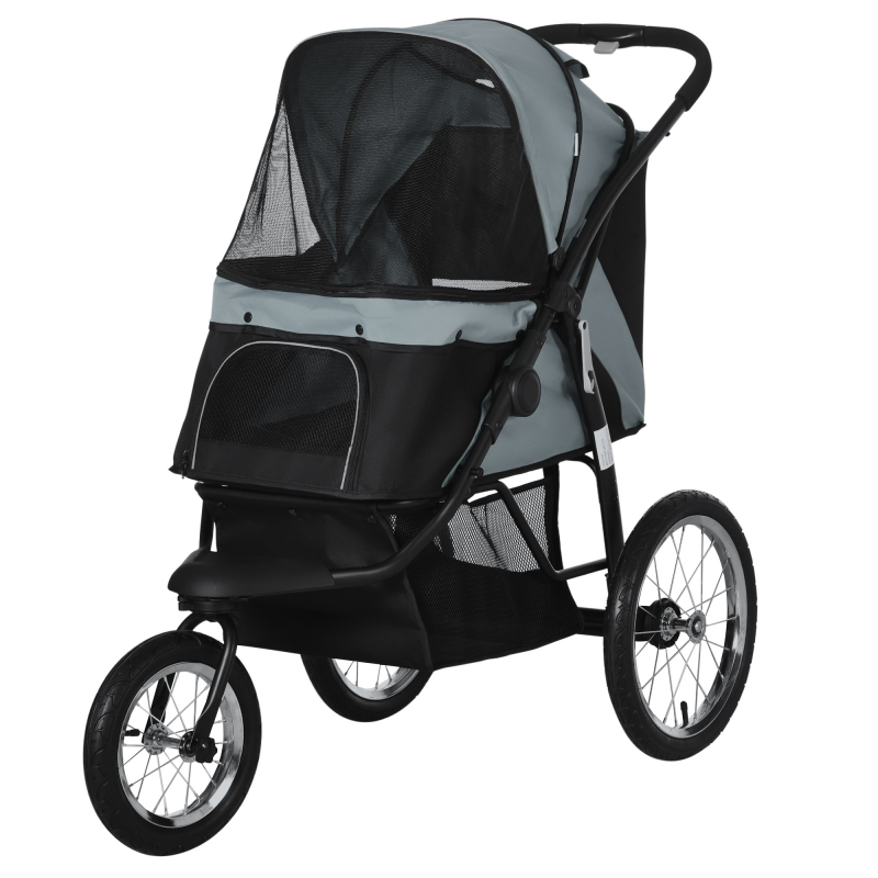 PawHut Hundebuggy Katzenbuggy faltbar mit Reflektoren, Aufbewahrungskorb, Sonnenschutz & Netzfenster, Oxford grau Aosom.de – Bild 1 von 2
