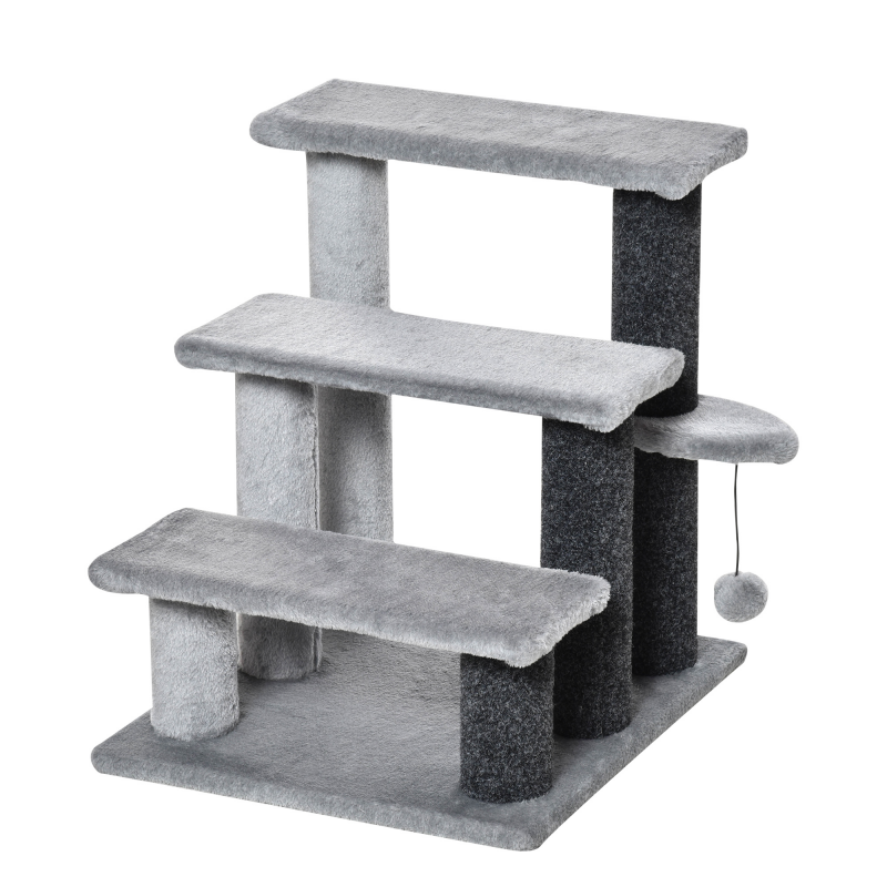 PawHut Katzentreppe Haustiertreppe Hundetreppe 3 Stufen mit Spielball Plüsch Grau 45x40x48cm für Katzen und Hunde Aosom.de – Bild 1 von 2