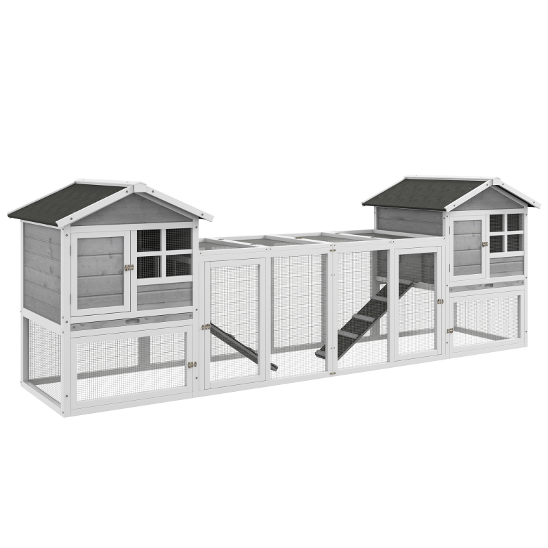 PawHut Hasenstall Freigehege, 259L x 64B x 92H cm, Kaninchenstall Holz, Hasenstall groß, mit Rampe und Bodenwanne, Grau Aosom.de – Bild 1 von 2
