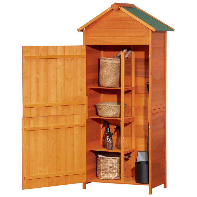 Outsunny Gartenschrank, Holz-Geräteschuppen, Geräteschrank mit Asphaltdach, Doppeltür, Gartenhaus mit 3 Regalböden, Doppeltür für Schaufeln und Harken, Orange, 84 x 52 x 188 cm Aosom – Bild 1 von 2