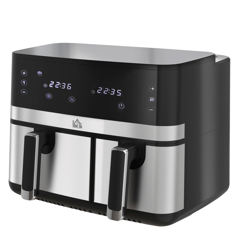 HOMCOM Heißluftfritteuse 8,5L Doppelkammer 8in1 Rezeptur Airfryer Antihaftbeschichtung Touchscreen Smart Timer ohne Öl Schwarz Aosom – Bild 1 von 2