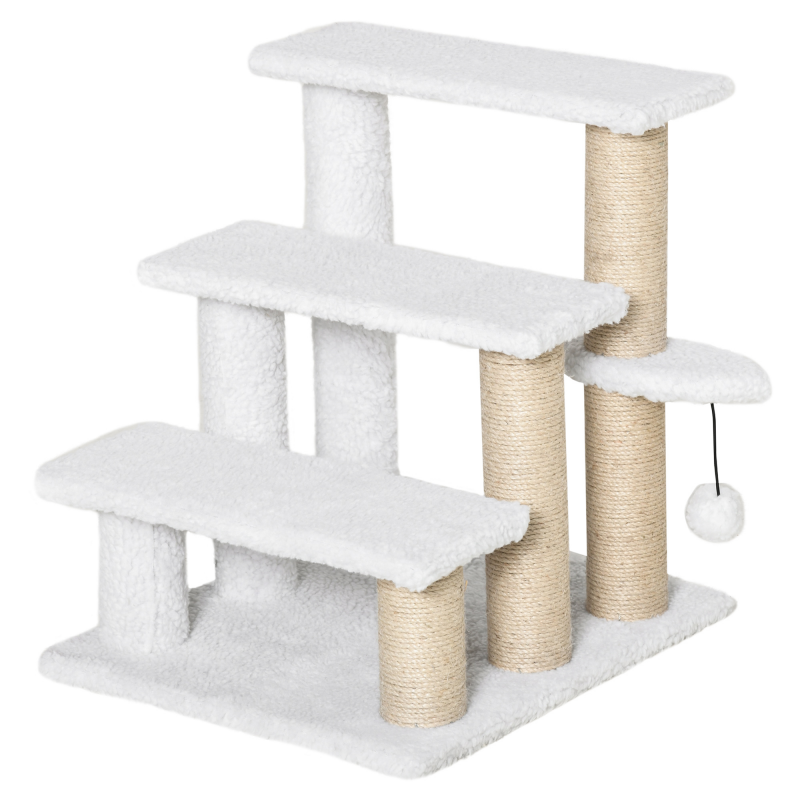 PawHut Haustiertreppe mit Kratzbaum 3-stufige Katzentreppe Hundetreppe Tiertreppe aus Spanplatte Plüsch Jute Weiß 45x40x48 cm für Katzen & Hunde Aosom.de – Bild 1 von 2