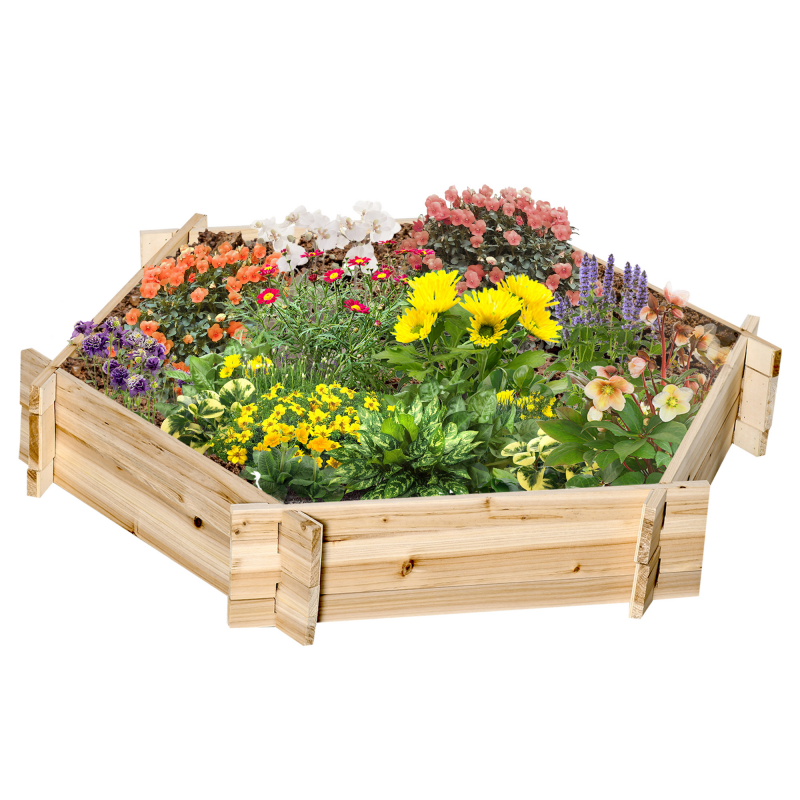 Outsunny Hochbeet sechseckig DIY Pflanzkübel Pflanzkasten aus Holz für Garten Balkon Natur 100 x 92 x 16 cm Aosom – Bild 1 von 2