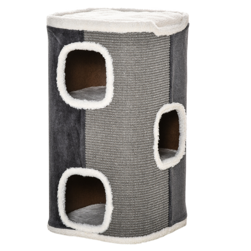 PawHut Katzenbaum Kratztonne mit 3 Ebenen, Spanplatte, samtartiges Polyester, Sisal, Grau+Weiß, 40x40x74cm Aosom – Bild 1 von 2