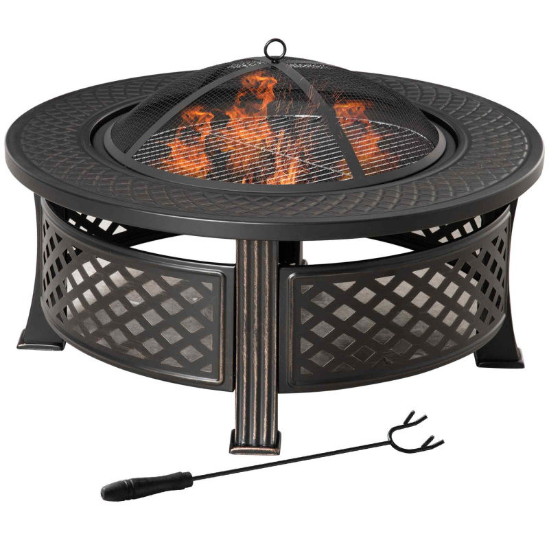 Outsunny Feuerschale Schürhaken Funkenschutz Feuerkorb Feuertisch rund Feuerstelle Garten Camping BBQ Stahl Schwarz 81x81x50cm Aosom – Bild 1 von 2