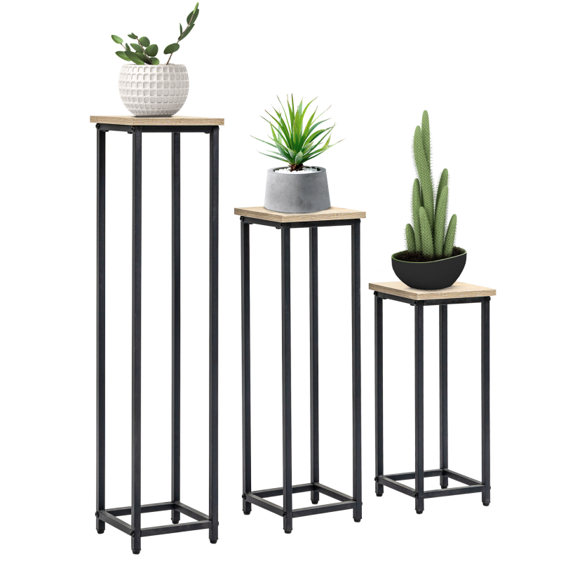Outsunny Pflanzenständer Set 3-teilig Blumenhocker & Blumentopfhalter aus Stahl Schwarz und Natur für Garten & Balkon Aosom.de – Bild 1 von 2