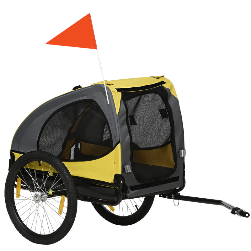 PawHut Anhänger Hund, Belastbarkeit 20kg, für mittelgroße Hunde, mit Netzfenstern Plane Sicherheitsleine, 140x71x83cm, Oxfordstoff, Gelb Aosom – Bild 1 von 2