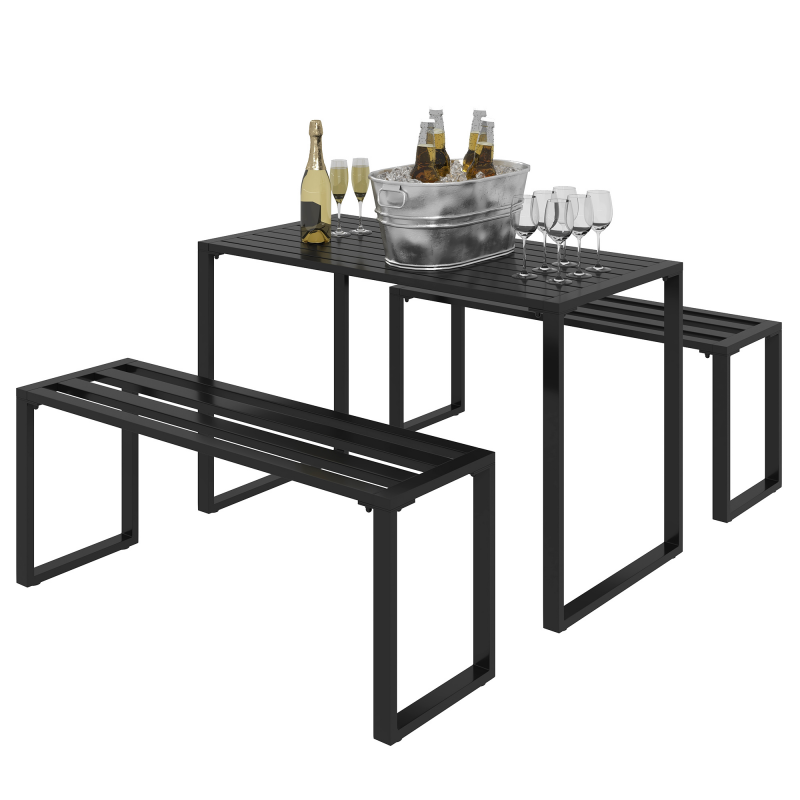 Outsunny Outdoor Möbelset 3-tlg. Festgarnitur Sitzgruppe Gartengarnitur mit Tisch und 2 Sitzbänken aus Metall Schwarz 110 x 55 x 70 cm Aosom.de – Bild 1 von 2