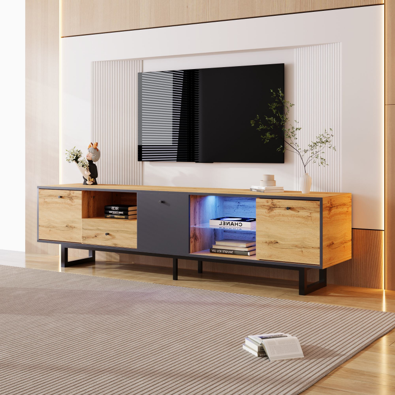 Lowboard TV-Schrank mit LED-Beleuchtung, Glastrennwänden und Pufferscharnieren im modernen Design, Holzfarbe – Bild 1 von 2
