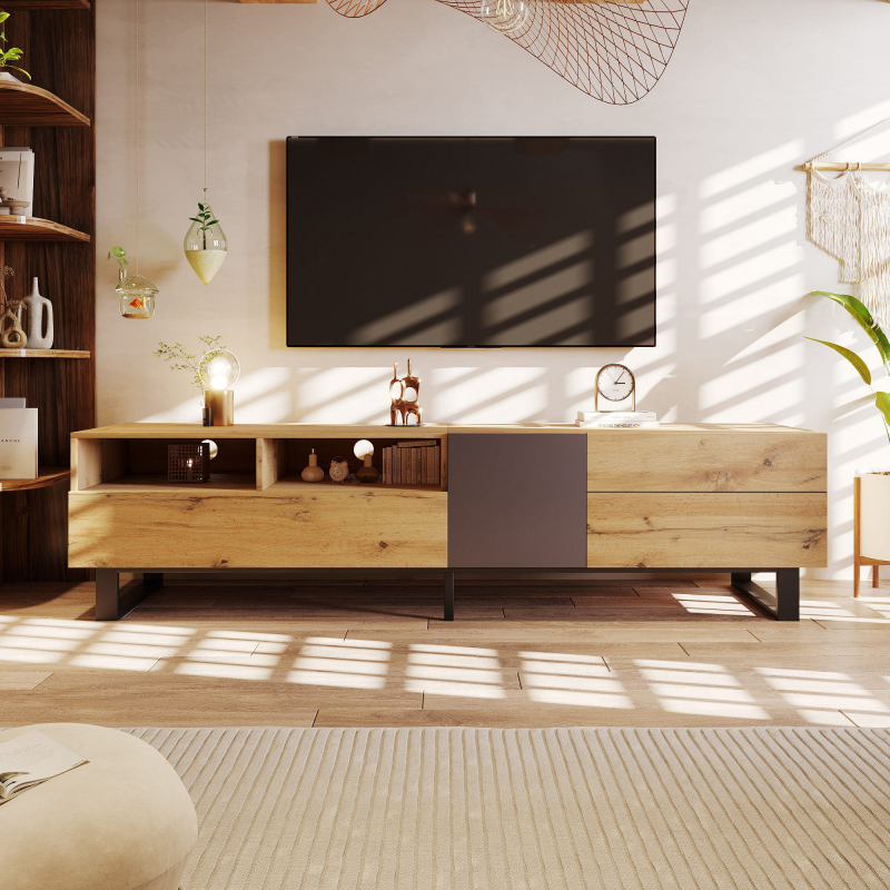 TV-Schrank, 180cm Hochglanzoberfläche stabiler mit praktischer Aufbewahrung Moderner Colorblocking-Design, 180 x 38 x 50 cm Holzfarbe Aosom.de – Bild 1 von 2