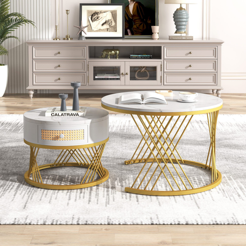 Couchtisch, Marmormuster 70cm Runder Platzsparender 2-in-1 Weiß mit Kunststoff-Rattan-Schubladen Massivholzgriffen vergoldeten Eisenfüßen Aosom.de – Bild 1 von 2