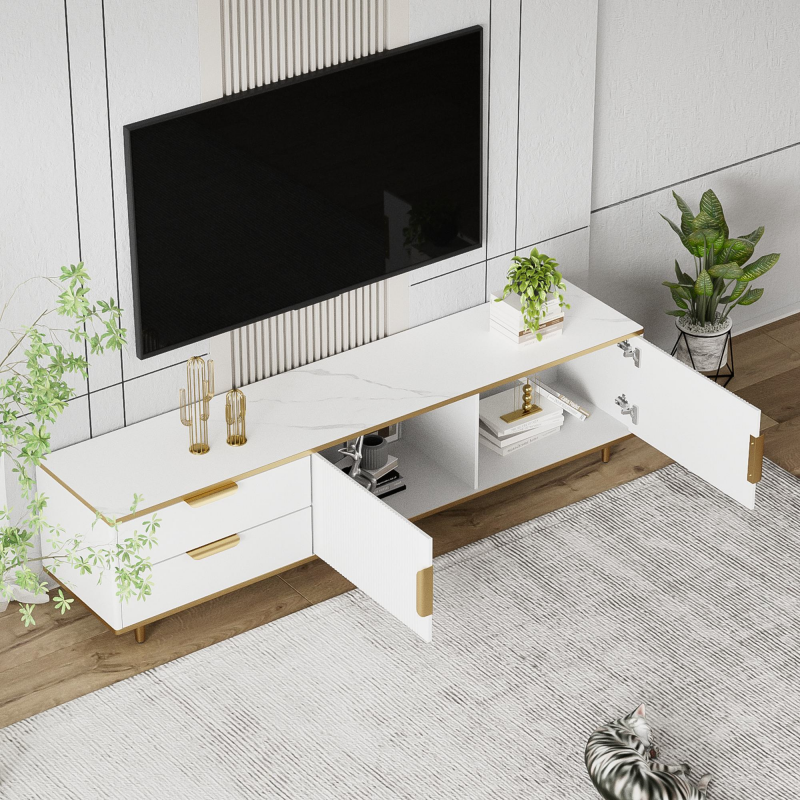 TV Schrank, mit 2 Schubladen und 2 Aufbewahrungstüren, Multifunktional, für elegantes Wohnzimmer, 175 x 40 x 45 cm, weiß/Gold Aosom.de – Bild 1 von 2